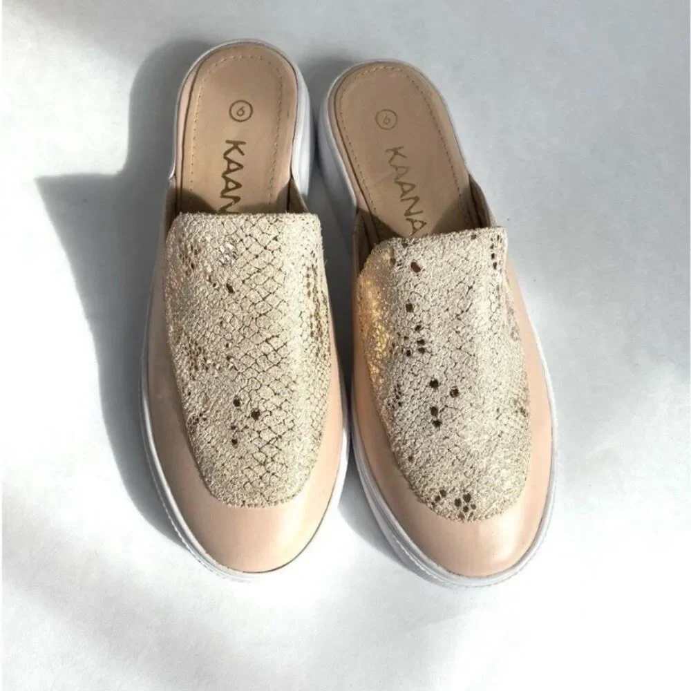 Kaanas Metallic Crackle Slide Sneakers Nude Pink Platform Mules Size 6 Revolve